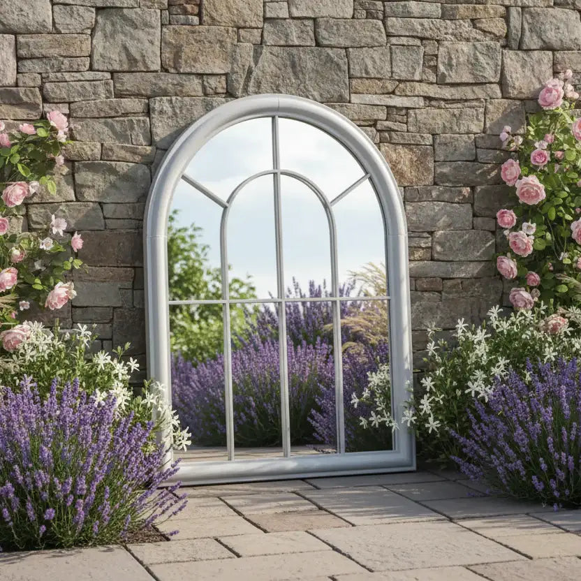 Arched garden mirror with flowers and a stone wall background