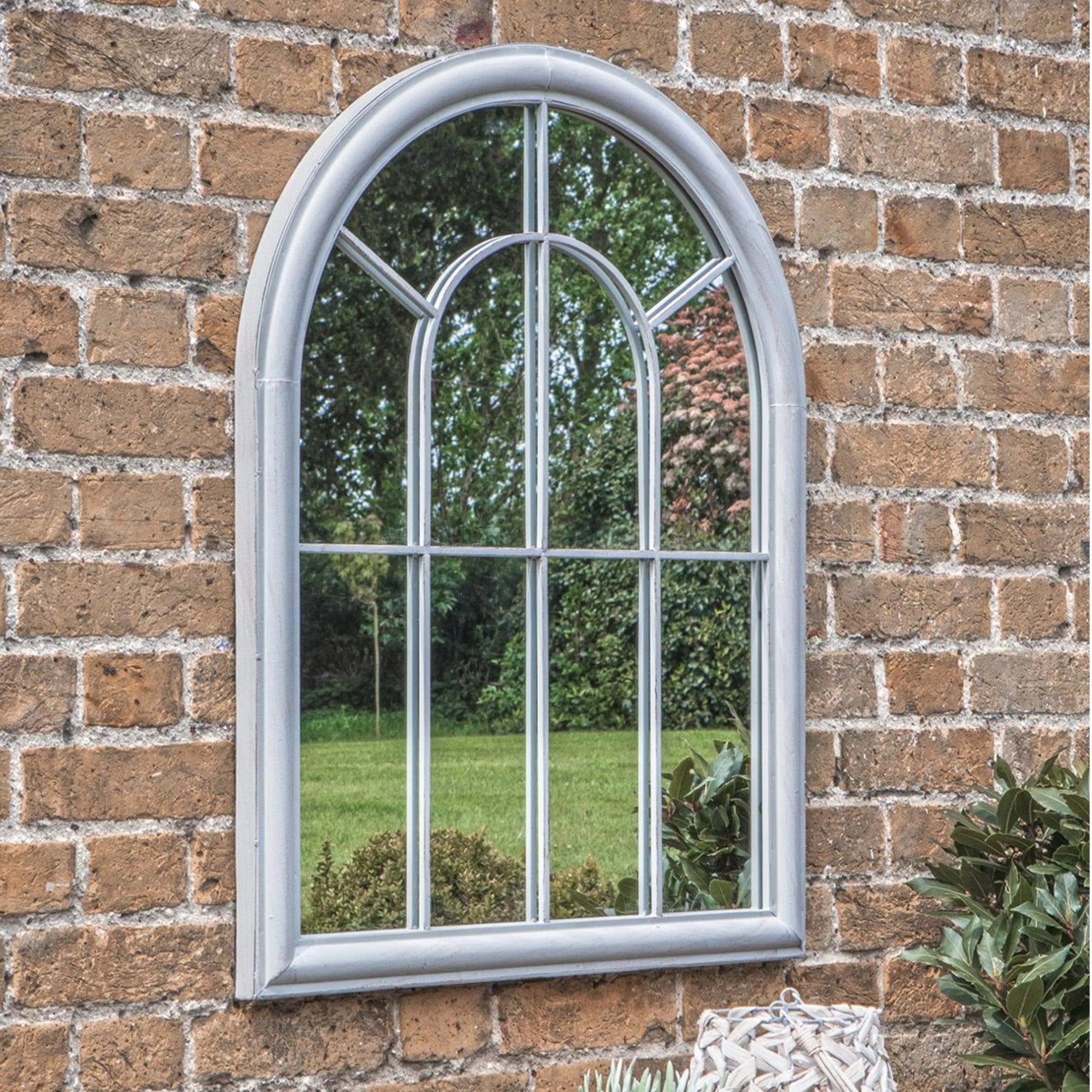 Distressed Grey Arched Outdoor Garden Wall Mirror - The Farthing