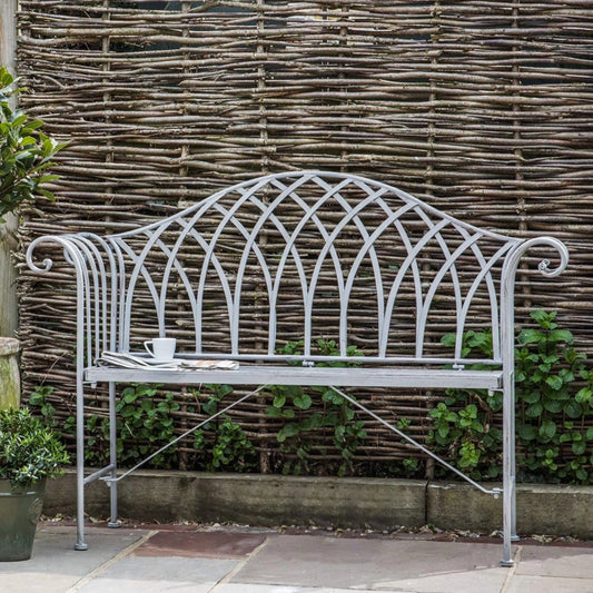 Distressed Grey Scrolled Arm Metal Garden Bench - The Farthing