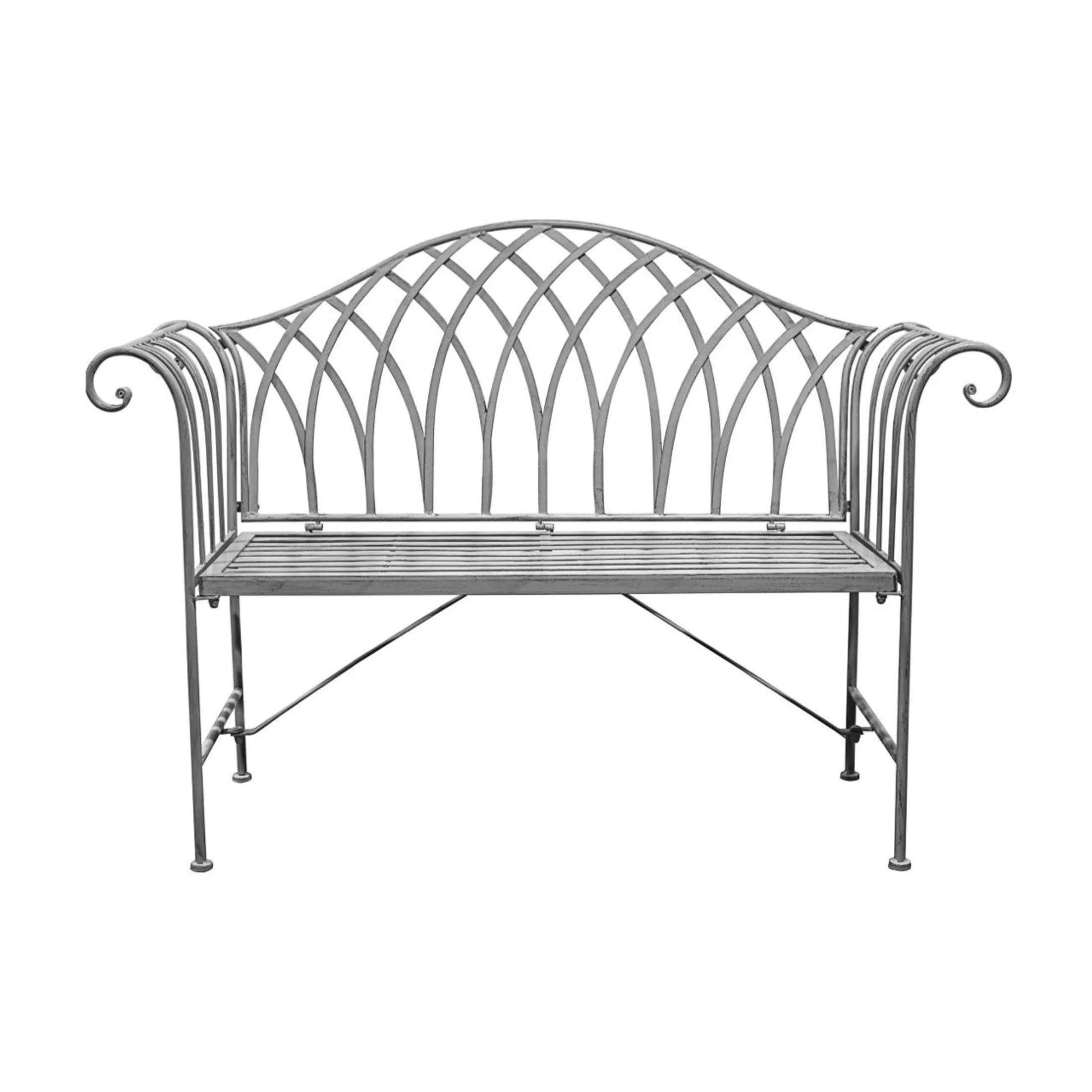 Distressed Grey Scrolled Arm Metal Garden Bench - The Farthing