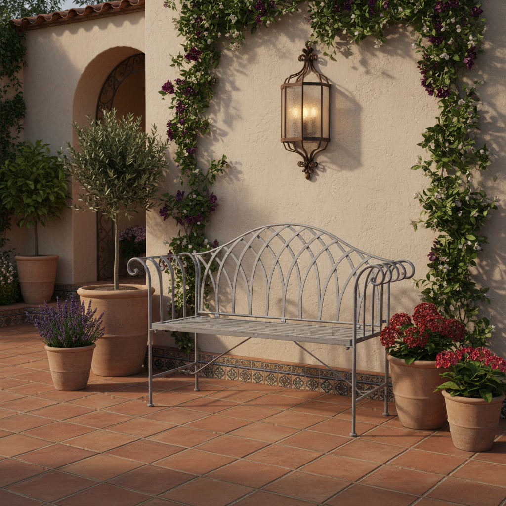 Decorative metal bench on a patio with potted plants and a wall sconce.