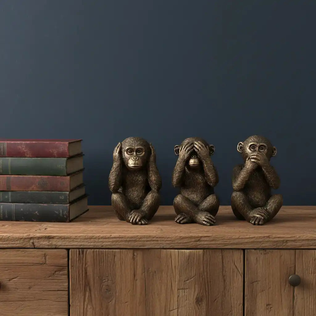 Three bronze monkey figurines on a wooden surface with a stack of books against a dark blue wall.