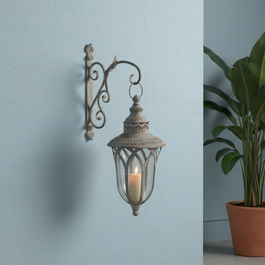Decorative wall lantern with candle on a light blue wall next to a potted plant.