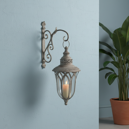 Decorative wall lantern with candle on a light blue wall next to a potted plant.