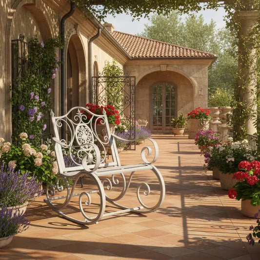 White metal rocking chair on a patio with flowers and a house in the background