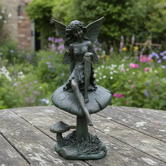 Statue of a fairy on a mushroom on a wooden table in a garden setting