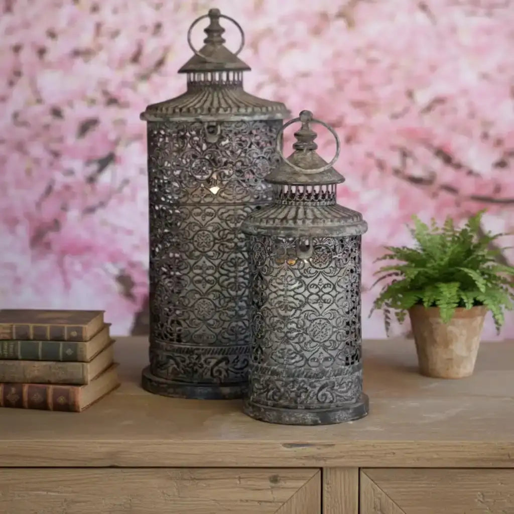 Distressed Vintage Lattice Candle Lantern set of 2 | Farthing