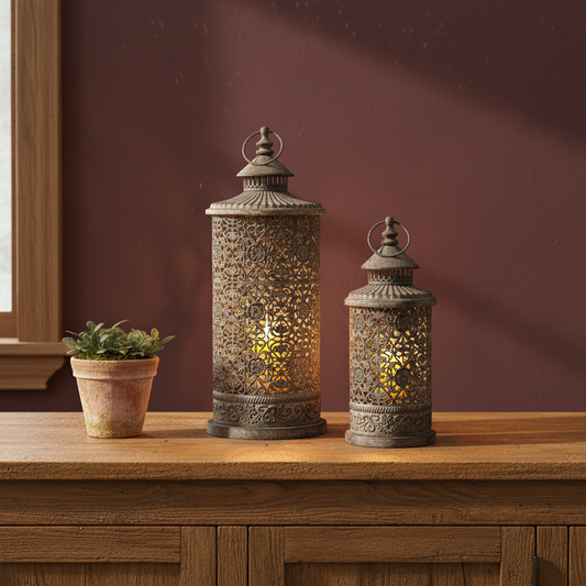 Decorative lanterns on a wooden surface with a potted plant against a maroon wall.
