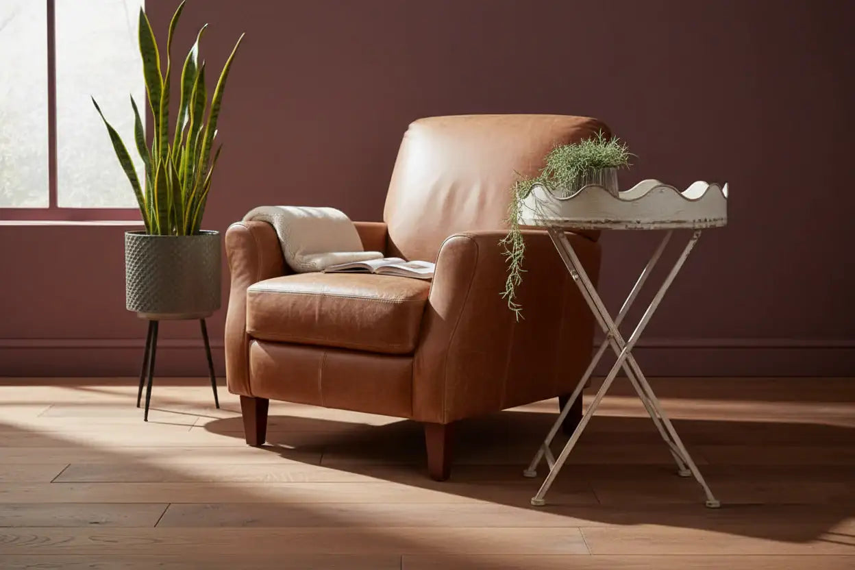Brown leather armchair in a room with a plant and small table.