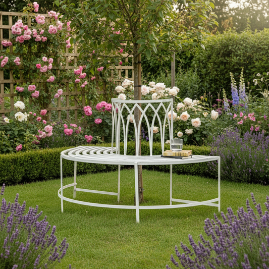 White metal garden bench and table set in a lush garden with flowers and lavender.
