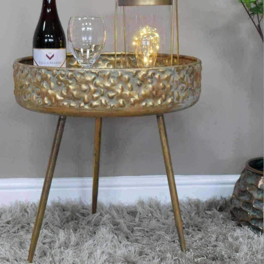 Embossed Gold Round Industrial Side Table - The Farthing