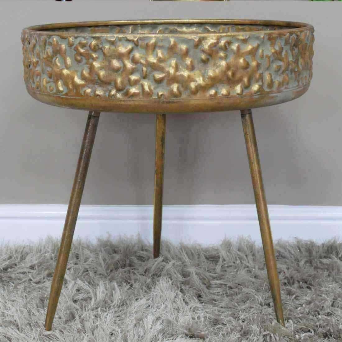 Embossed Gold Round Industrial Side Table - The Farthing