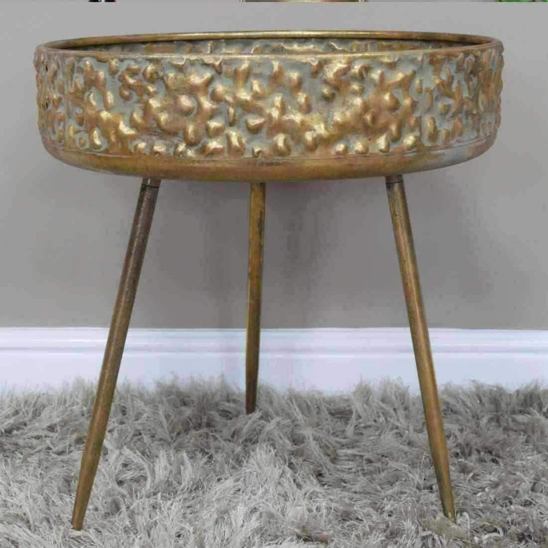 Embossed Gold Round Industrial Side Table - The Farthing