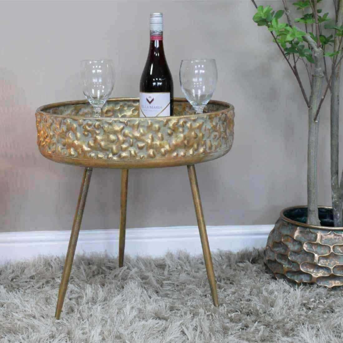 Embossed Gold Round Industrial Side Table - The Farthing