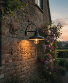 Outdoor wall light fixture on a brick wall with flowers and a sunset in the background