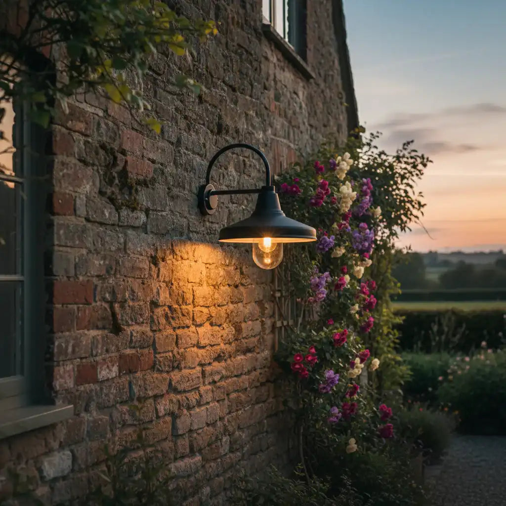 Outdoor wall light fixture on a brick wall with flowers and a sunset in the background