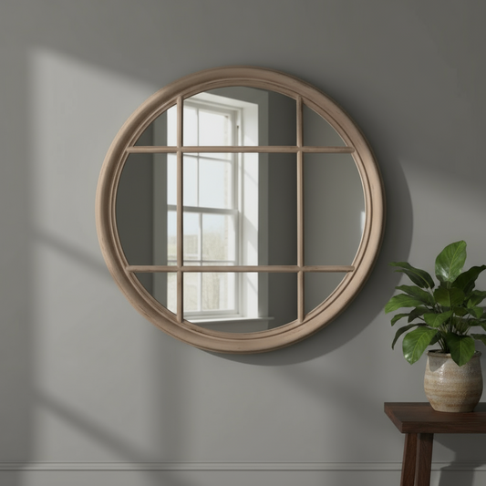 Round wooden-framed mirror on a gray wall with a plant on a table to the right.