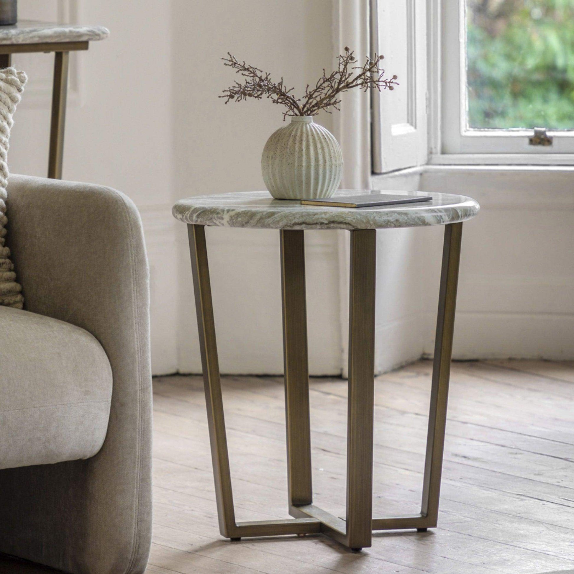 Faux Green Marble Topped Antique Bronze Legged Side Table - The Farthing