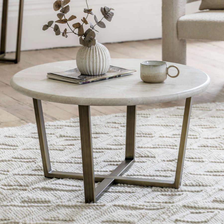 Faux Travertine Topped Antique Bronze Legged Coffee Table - The Farthing