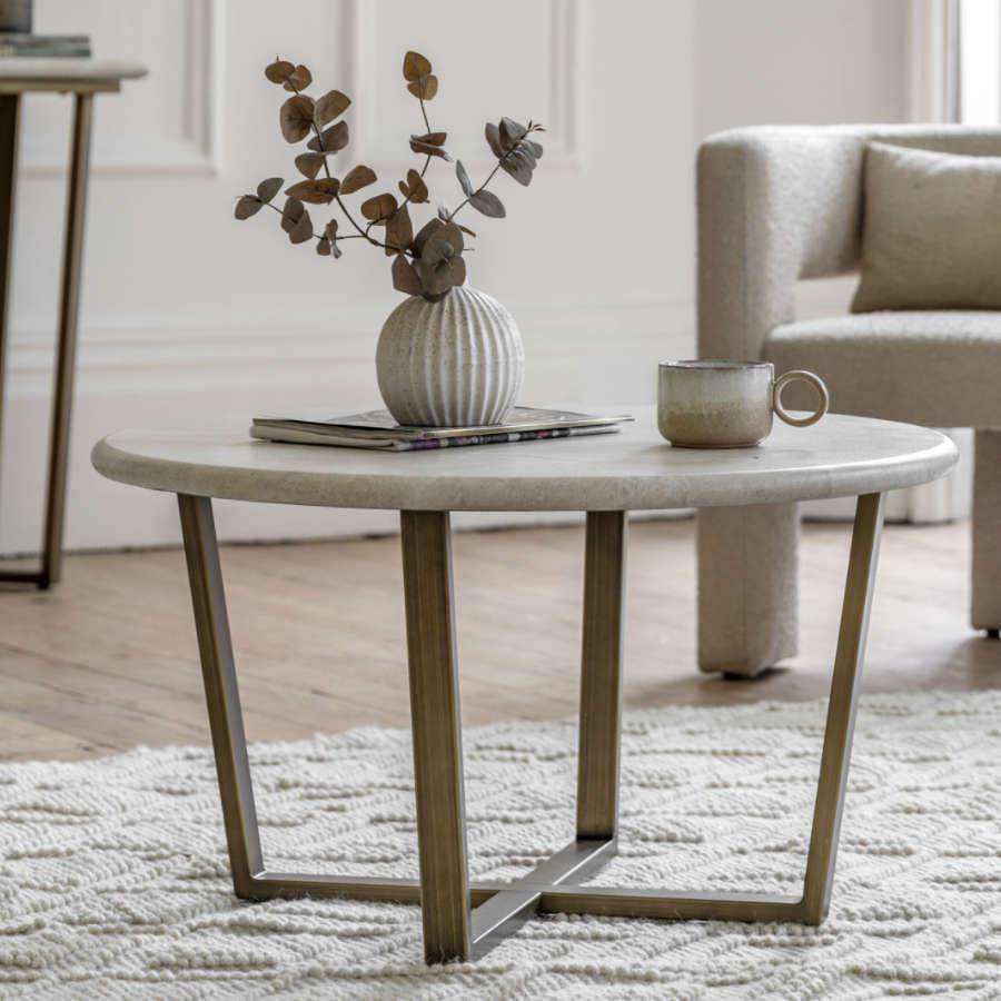 Faux Travertine Topped Antique Bronze Legged Coffee Table - The Farthing