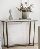 Faux Travertine Topped Antique Bronze Legged Console Table - The Farthing