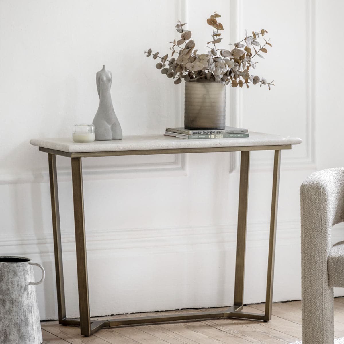 Faux Travertine Topped Antique Bronze Legged Console Table - The Farthing
