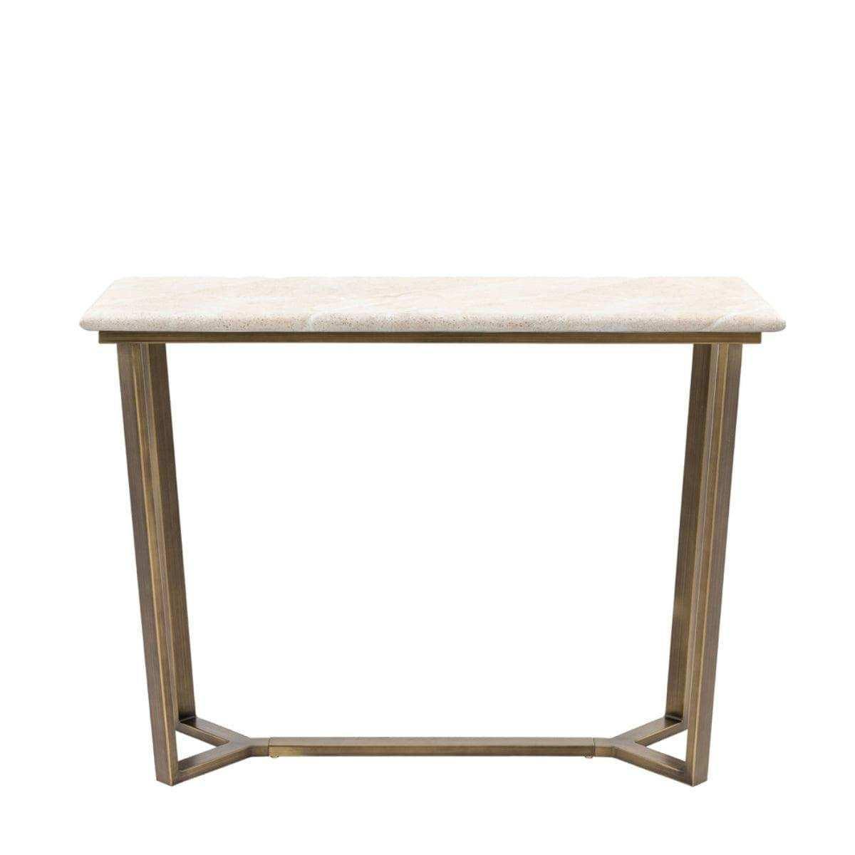 Faux Travertine Topped Antique Bronze Legged Console Table - The Farthing