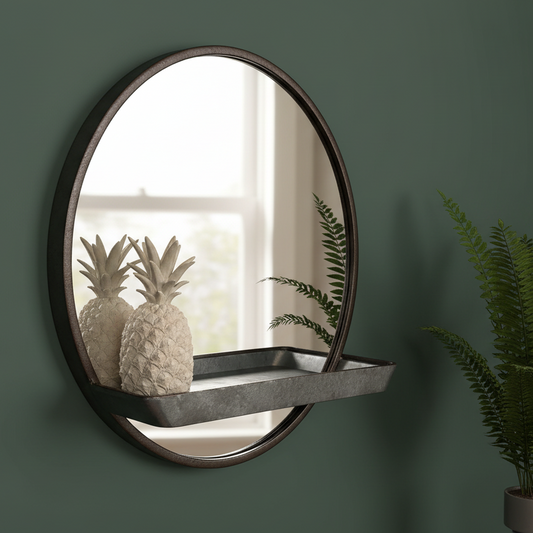 Round wall mirror with a shelf on a green wall, featuring decorative pineapples.