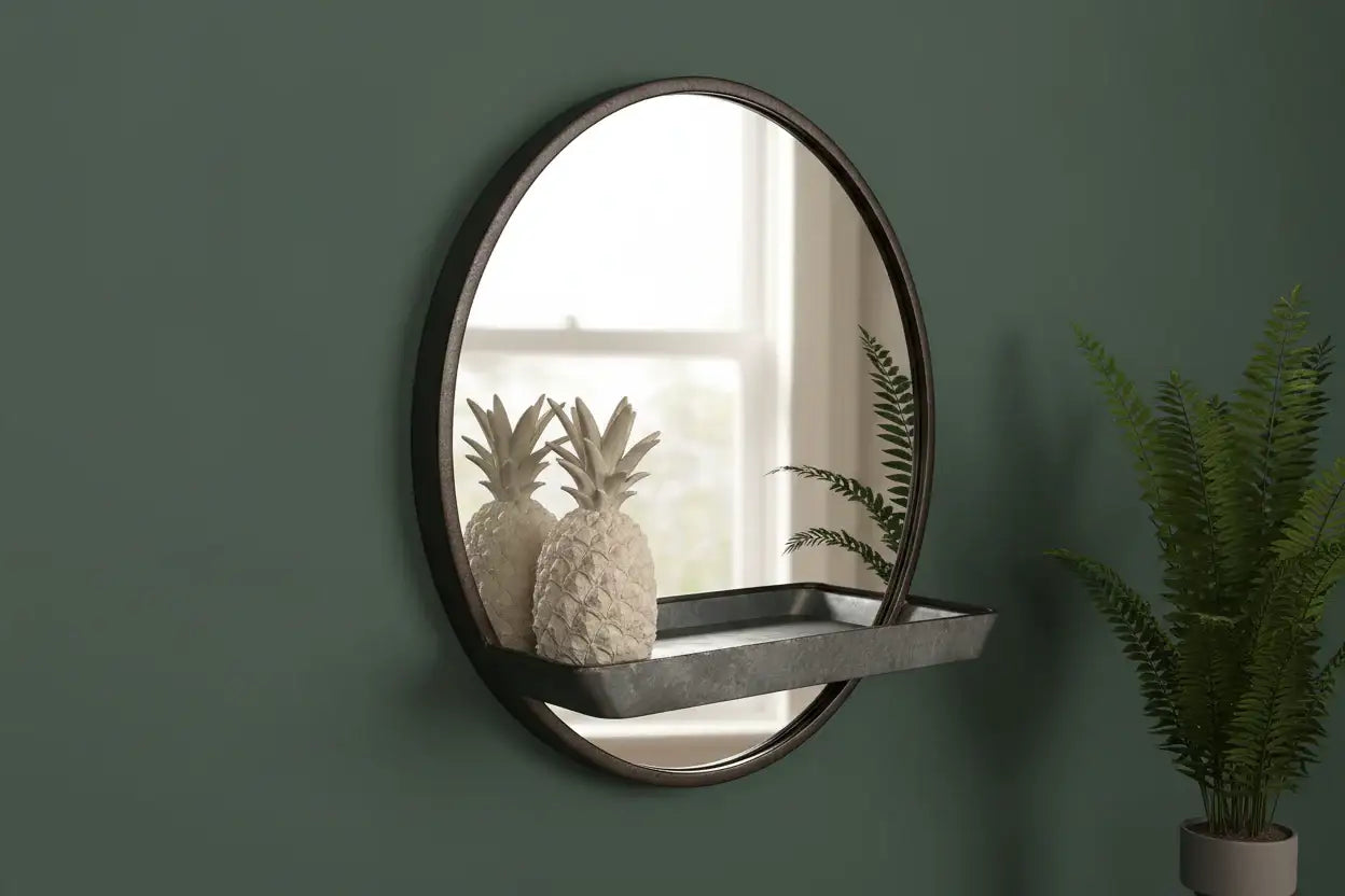 Round wall mirror with a shelf on a green wall, featuring decorative items.