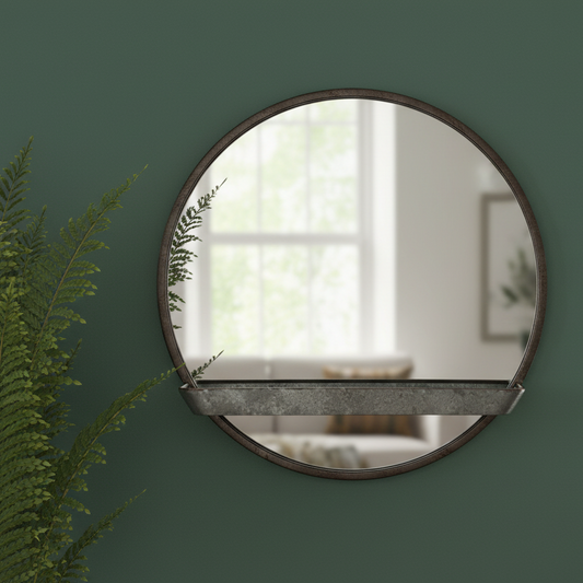 Round mirror with wooden frame on a green wall with a plant to the left.
