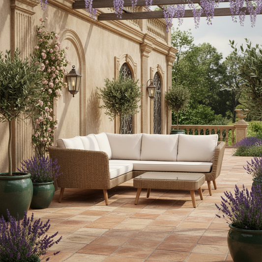 Outdoor patio with wicker furniture, potted plants, and a floral pergola.