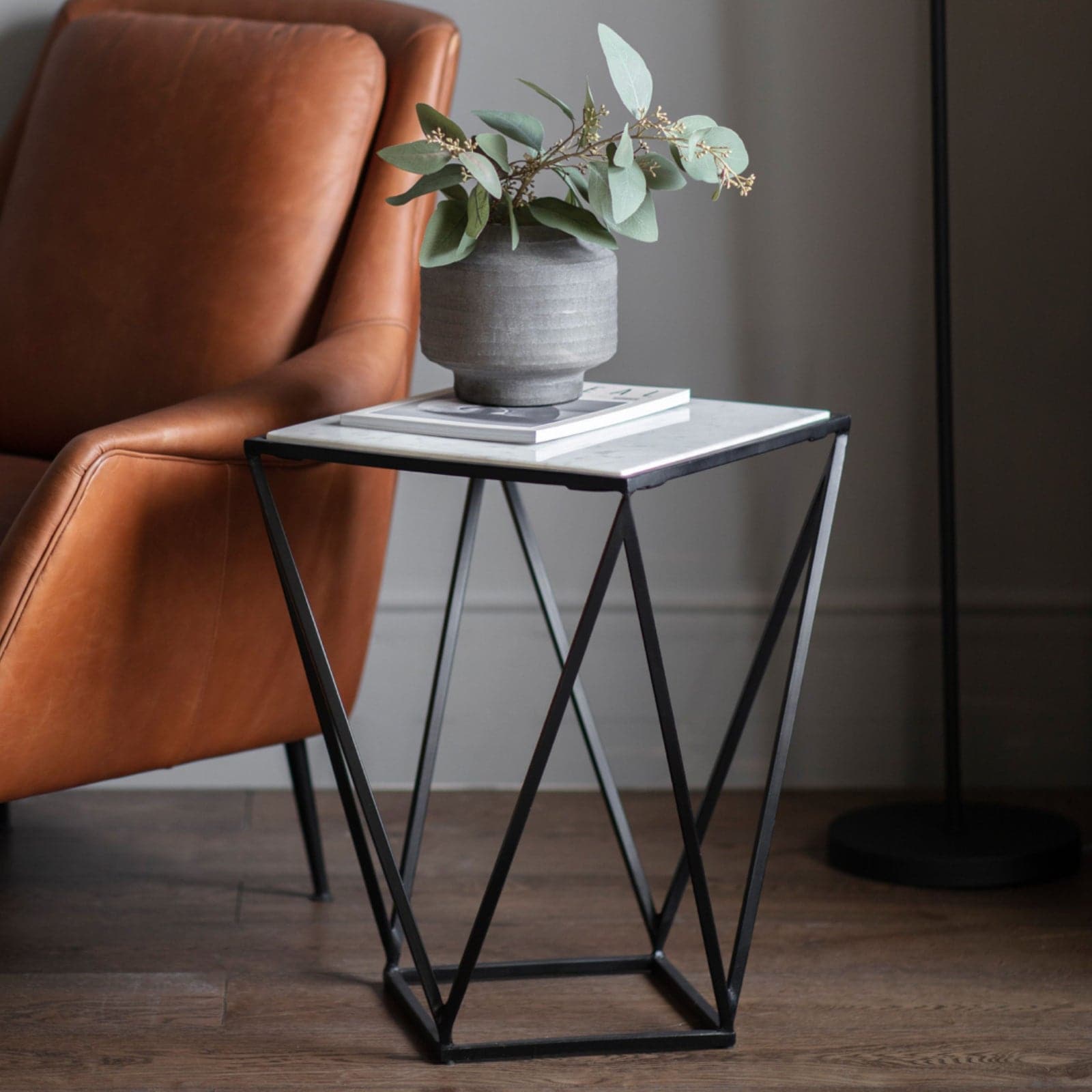 Geometric Black Frame Marble Topped Side Table - The Farthing