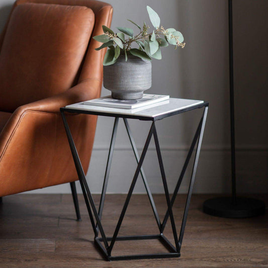 Geometric Black Frame Marble Topped Side Table - The Farthing