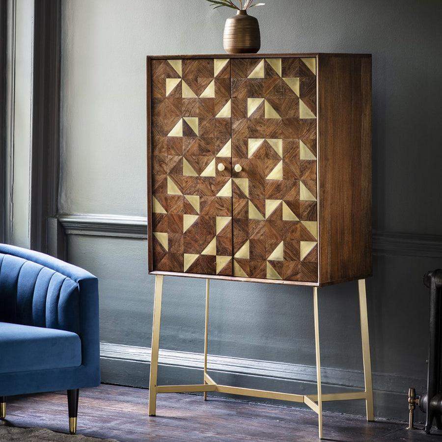 Geometric Gold Inlay Wood Cocktail Drinks Cabinet - The Farthing