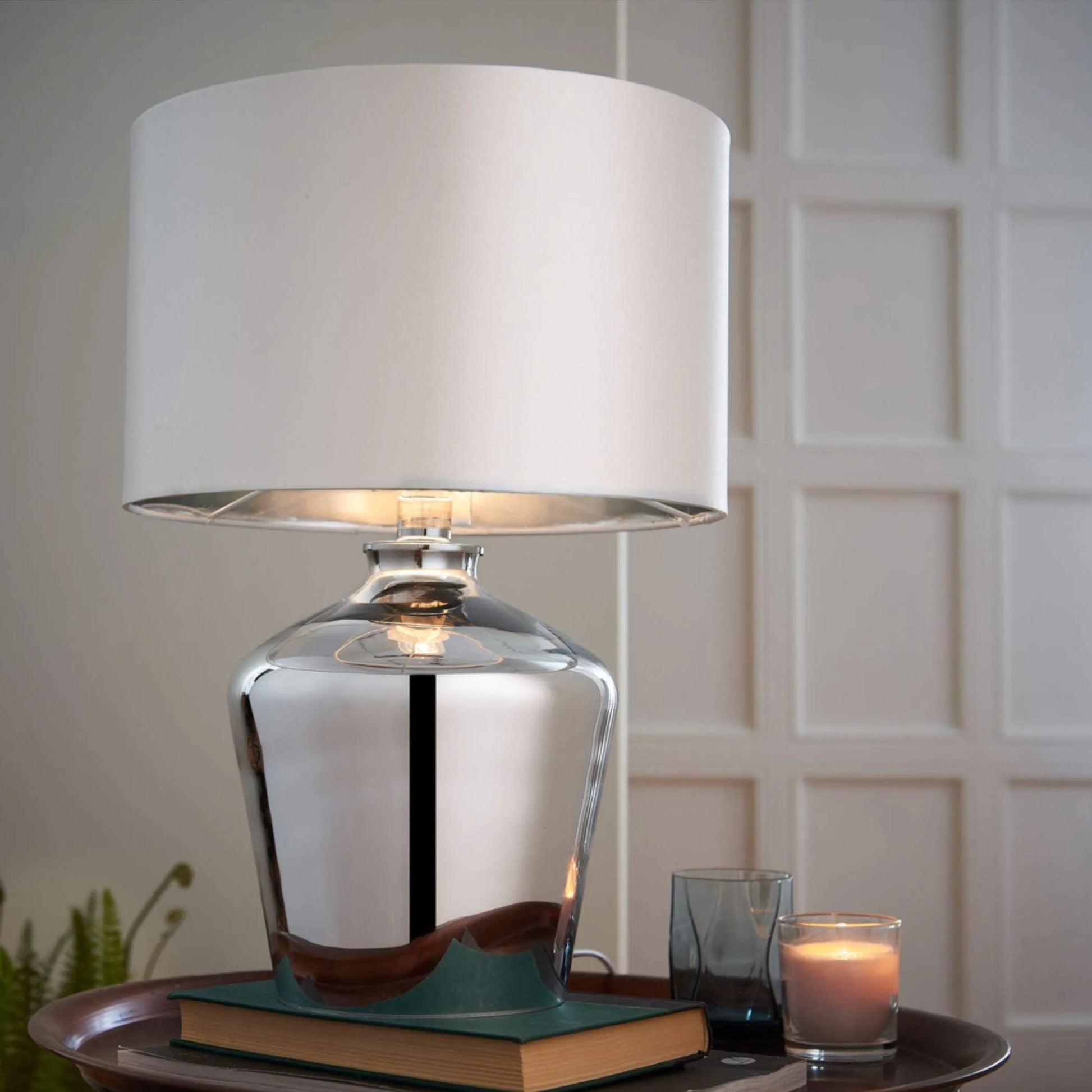 Glass High Shine Chromed Table Lamp & Shade - The Farthing