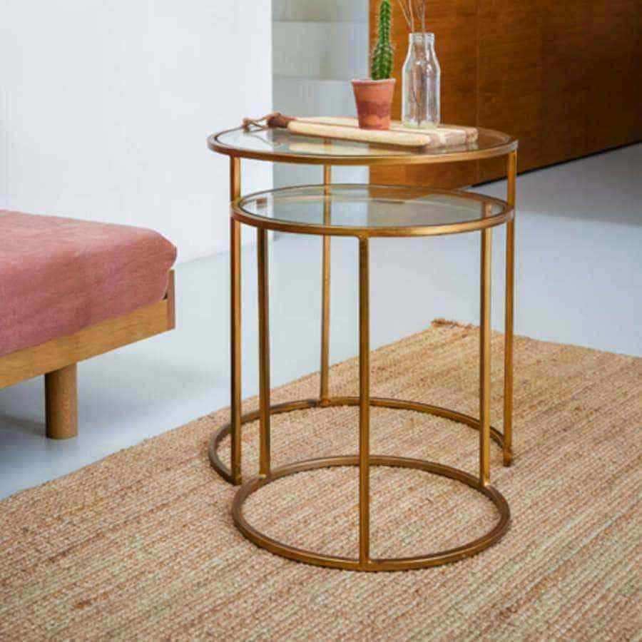 Glass Topped Antique Gold Frame Circular Nestling Table Set - The Farthing