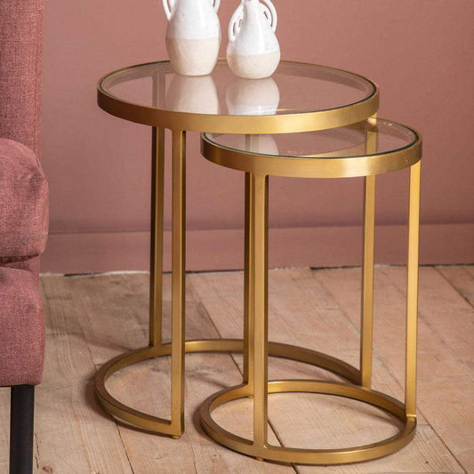 Glass Topped Luxe Gold Frame Circular Nestling Table Set - The Farthing