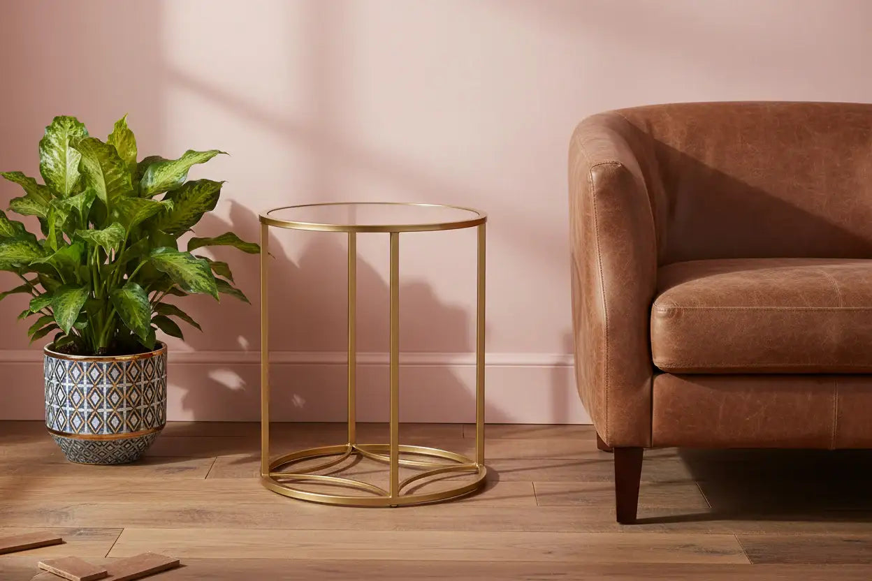 Gold side table with a plant and brown sofa against a pink wall