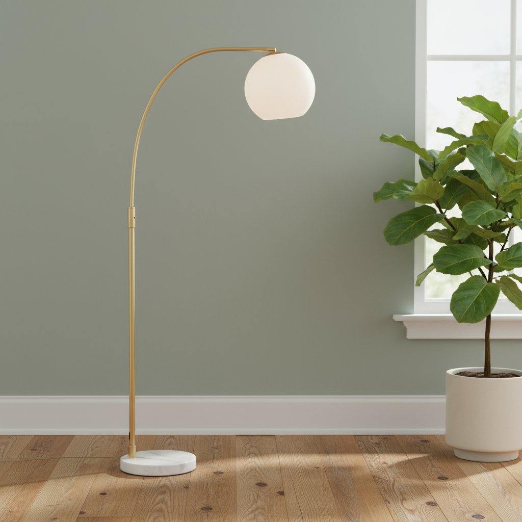 Modern floor lamp with a spherical shade next to a potted plant in a room with a green wall and wooden floor.