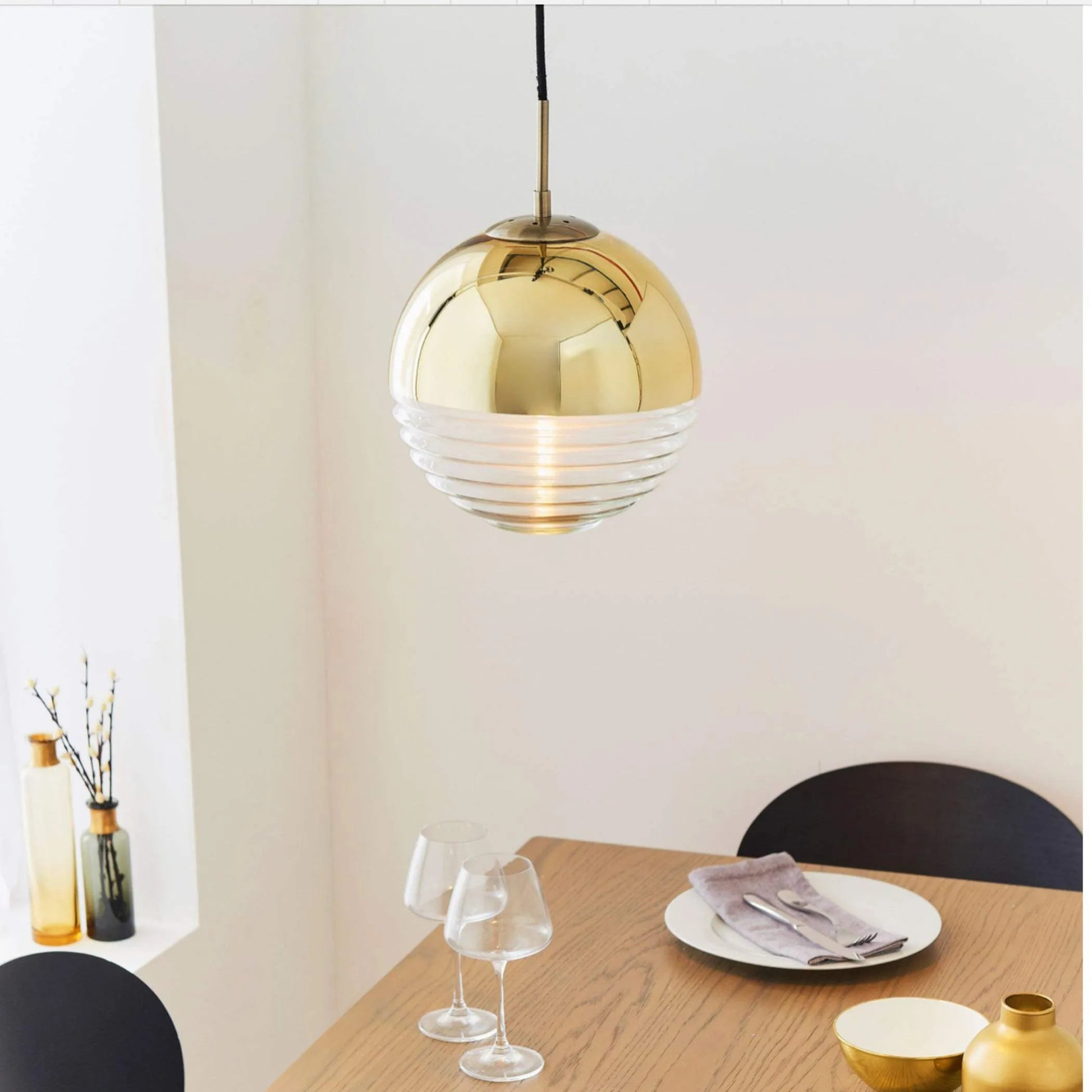 Gold and Clear Ribbed Spherical Ceiling Pendant - The Farthing