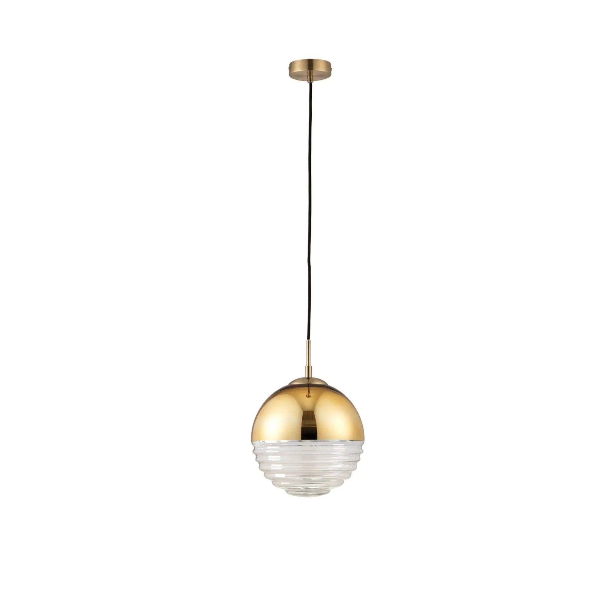 Gold and Clear Ribbed Spherical Ceiling Pendant - The Farthing