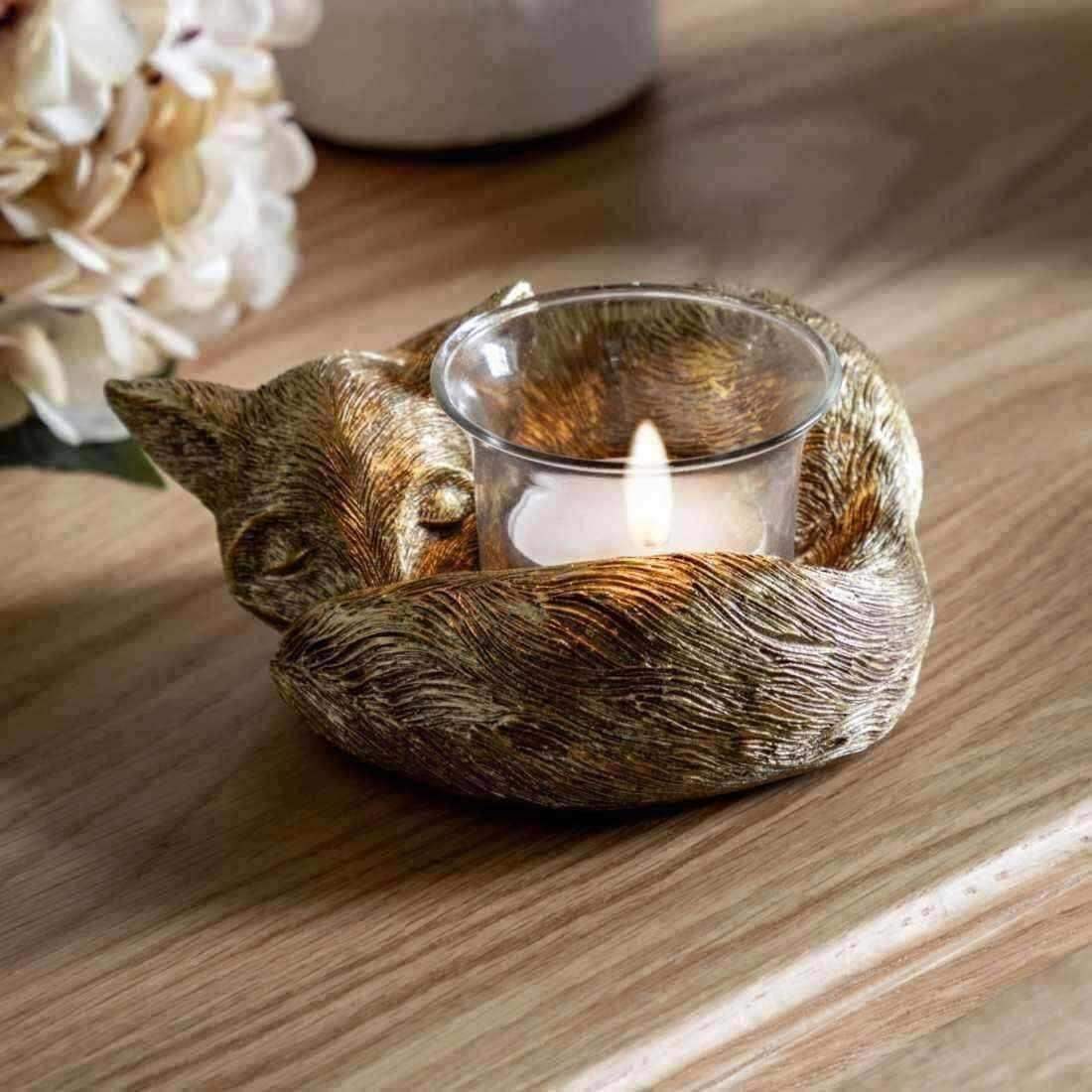 Gold Sleeping Fox Tealight Holder - The Farthing