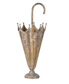 Decorative umbrella stand with a rustic metal design on a white background