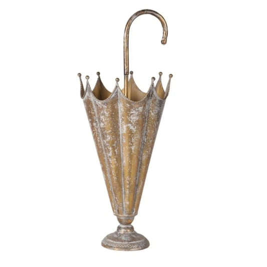 Decorative umbrella stand with a rustic metal design on a white background