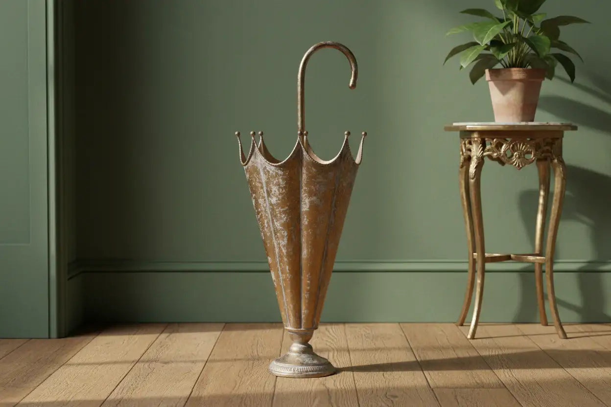 Bronze umbrella stand on a wooden floor with a green wall and plant in the background