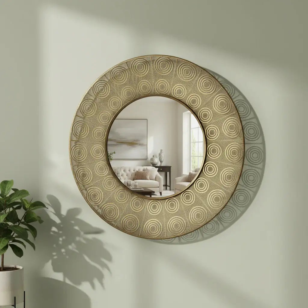 Round decorative mirror with circular patterns on a wall, reflecting a room with furniture.
