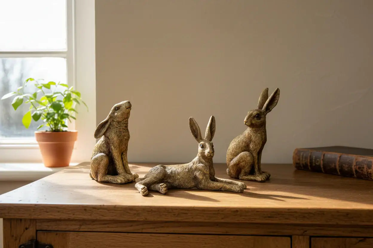 Three rabbit figurines on a wooden surface with a plant and book in the background.