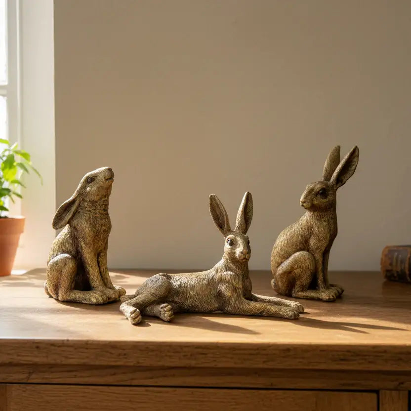 Three bronze rabbit sculptures on a wooden surface with a neutral background