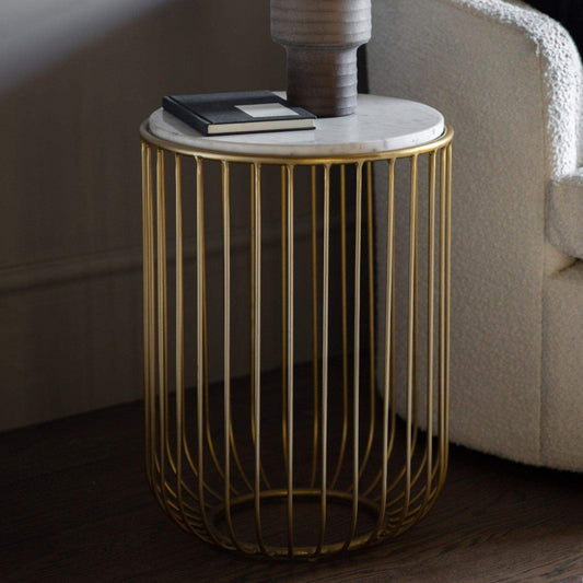 Golden Wire Base Marble Top Round Side Table - The Farthing