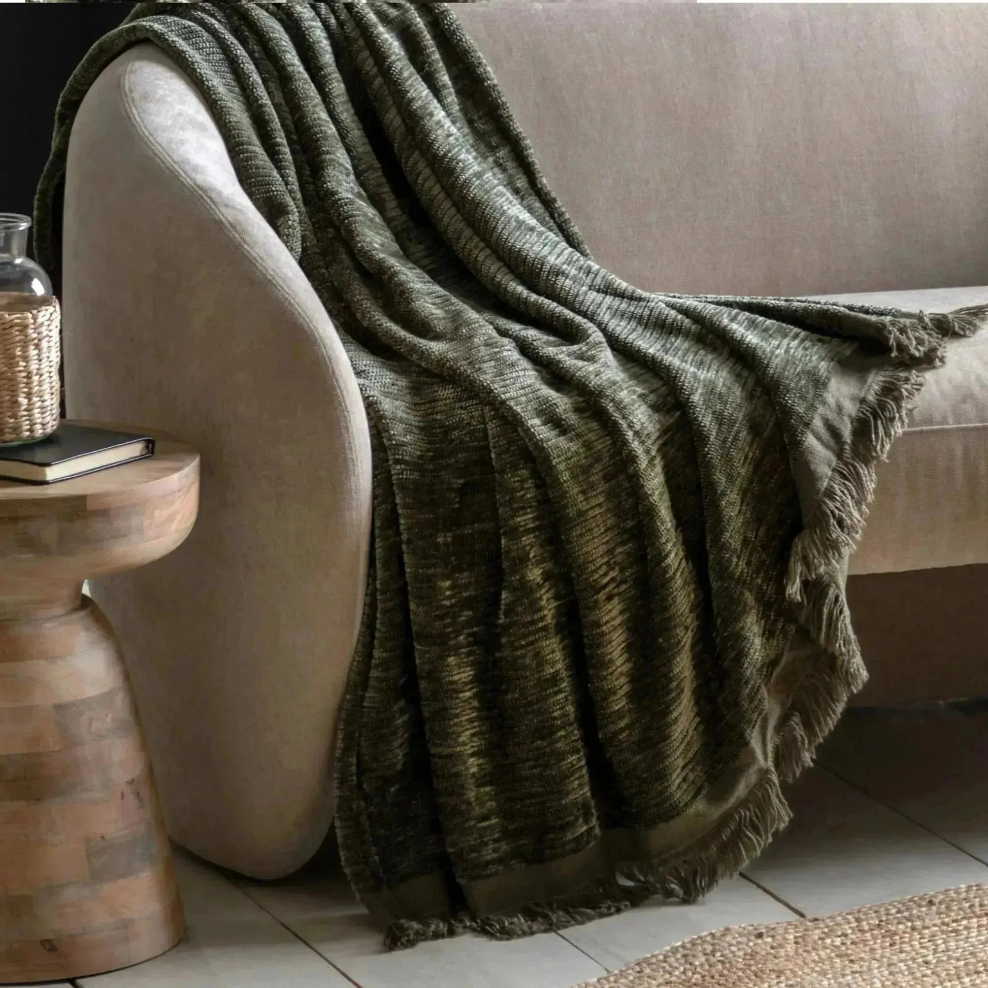 Green Chenille Fringed Throw - The Farthing